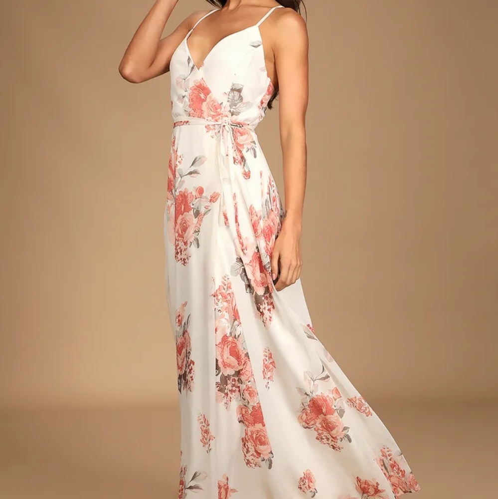 NWT Lulu's Elegantly Inclined Maxi Wrap Dress cream floral